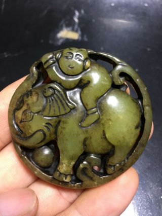 Exquisite Chinese Old Jade Carved Elephant/monkey Amulet Pendant D17