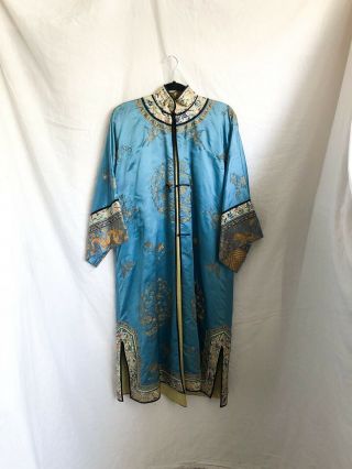 Vintage Blue Chinese Silk Robe With Gold Stitching And Colorful Embroidery