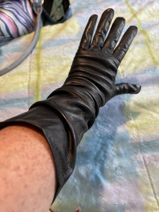 Vintage 15” Long Black Leather Skin Gloves Size 8
