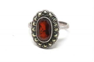 A Great Antique Art Deco Sterling Silver 925 Garnet & Marcasite Cluster Ring 122