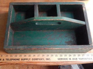 Antique Primitive Old Green Painted Wooden Handled Tool Caddy Carrier Tote 17.  5