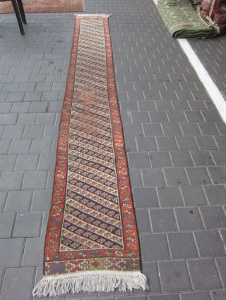 Antique Caucasian Runner Rug Carpet Wool Hand Made 350x47 - Cm / 137.  7x18.  5 - Inches
