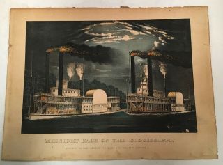 Antique Currier & Ives Lithograph Print Midnight Race On The Mississippi 1875