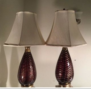 Vintage Pair Murano Glass Lamps Dark Amethyst Aventurine Fenicio Marbro Label