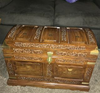 Antique Camphor Wooden Carved Trunk Hope Chest Gold Copper Inlay Box Heavy
