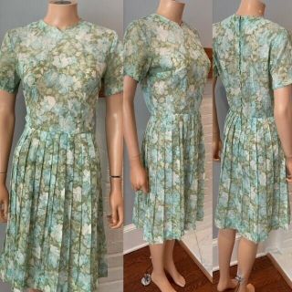 Vintage 1950s Floral Print Cotton Day Dress Rockabilly Sz Small