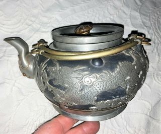 Antique Chinese Yixing Clay & Pewter Teapot Marked Qing