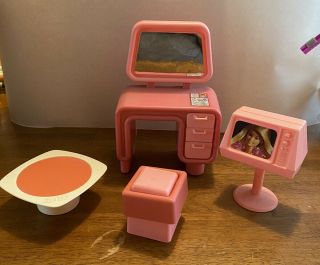 Vintage 1970s Mattel Barbie Dream House Pink Vanity,  Stool,  Tv,  Table Furniture