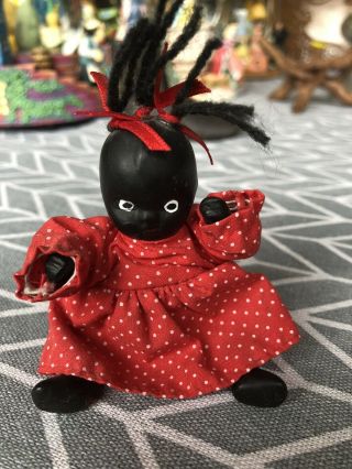 Vintage Black Americana Bisque/ Porcelain Jointed Baby Girl Doll Red Dress 4”