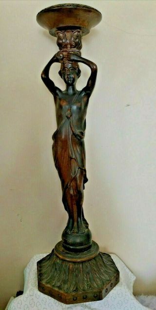 Antique French Art Nouveau Carved Wood Figure Pedestal Plant Stand Or Ashtray