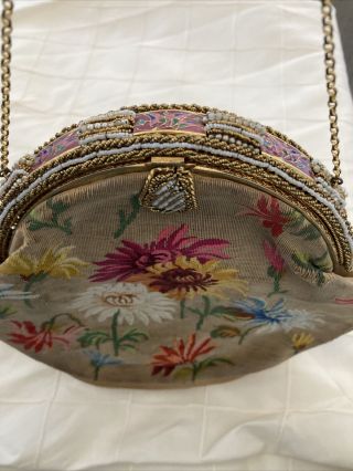 Vtg Floral Tapestry Evening Bag Exquisite Enamel & Beaded Frame