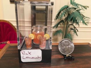 Artisan Made Pink Lemonade Set Glass Pitcher 2 Glasses Dollhouse Miniature 1:12