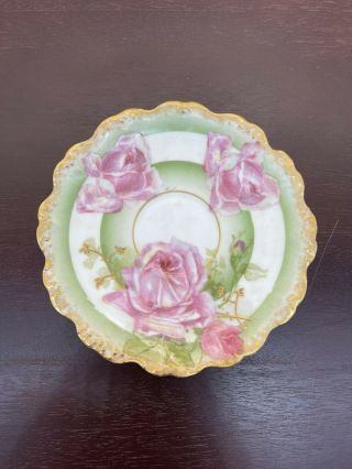 Antique Limoges France Saucer Hand Painted Floral Roses On Green With Gold Trim