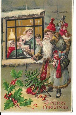Antique Embossed Christmas Postcard Santa Claus,  Fur - Trimmed Green Coat