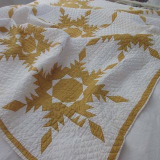 Gorgeous Rich Cheddar & White Feathered Star Antique C1890 Quilt 84x80