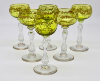Set of 6 Antique St Saint Louis Chartreuse Gold Art Nouveau Wine Glass 2