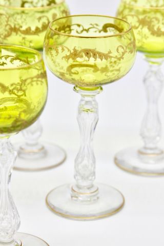 Set of 6 Antique St Saint Louis Chartreuse Gold Art Nouveau Wine Glass 3