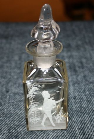 Antique Mary Gregory Glass Perfume Bottle W/ Stopper - Boy,  Cattails,  Dragonfly