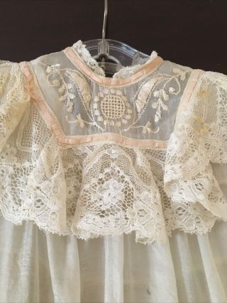 ANTIQUE 1900s CHRISTENING GOWN DRESS LACE Silk With Satin Slip Doll Dress 3