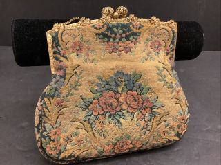 Vintage Flower Basket French Petit Point Tapestry Flowers Purse Bag