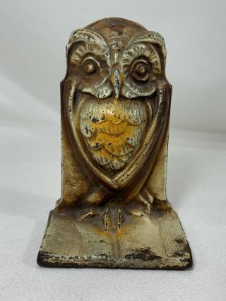 Antique Vintage Painted Cast Iron Wise Old Owl Bookend 4.  5 "