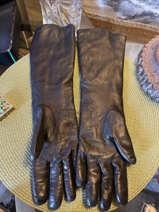Vintage Leather Gloves Womens Black Opera Length Size 7.  5 Angora Lined