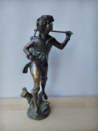 Antique Vintage Bronze Brass Boy With Basket Sculpture Statue Signed
