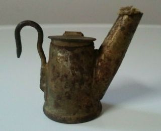 Antique Tin Miners Oil Wick Teapot Cap Lamp Early Coal Mining Lighting