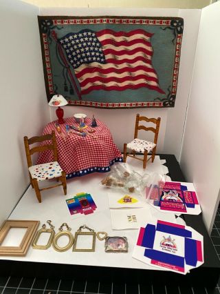 Dollhouse Miniature 4th July Table Chairs Fireworks Frames Us Flag Tobacco Rug