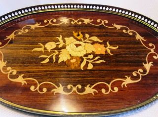 Antique Inlaid Wood & Brass Serving Tray Oval Foral Design