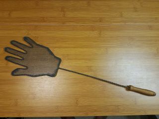 Vintage Primitive Wood Handle Twisted Metal Wire " Hand " Fly Swatter