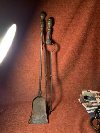 Antique Fireplace Tools Iron With Brass Handles And Medallion On Tongs