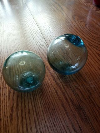 2 Vintage Japanese Hand - Blown Aqua Blue Turqouise Glass Fishing Floats