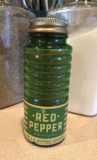 Antique Forest Green Depression Glass Spice “red Pepper” Shaker (j R Watkins)