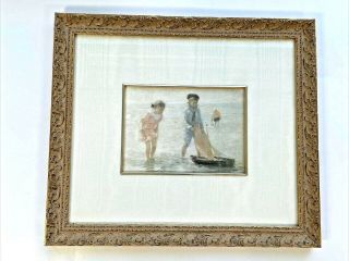 Vtg Framed Art Print Boy Girl In Ocean Sailboat Robert Grace Gold Frame 15x13