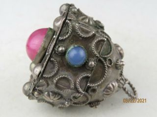 Antique Etruscan 800 Silver Chunky Fob Opening Charm Glass Cabochon Poison Box