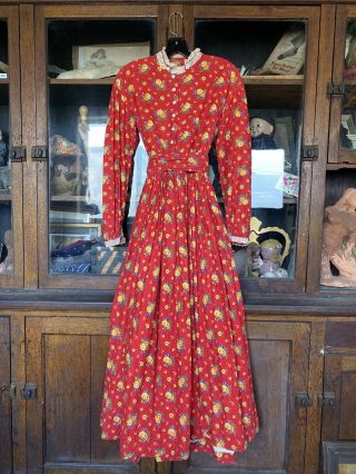 Vintage Women’s 1960s 70’s Red Floral Prairie Style Dress Hippie Boho