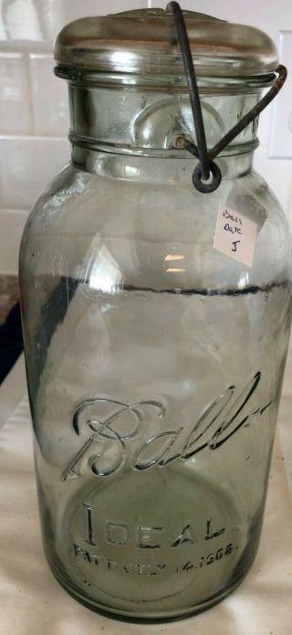 Antique Half 1/2 Gallon Clear Ball Ideal Mason Jar With Wire Bail Pat 