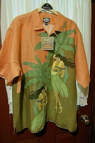 Tommy Bahama Camp Shirt Sz.  L Hula Girl Old Stock W/ Tag,  Linen,  Peach Color