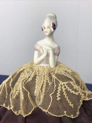 6.  5” Antique German? Porcelain 2.  5” Half 1/2 Doll Pin Cushion Gray Hair Lady X