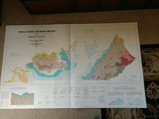 Huge Colored Map Of Kentucky Mineral Resources (1962) 56 " X34 "