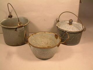 3 Piece Antique Graniteware Childs Play Set Berry Pails And Bowl $10 O/b Nr Wow