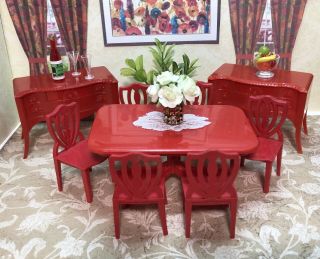 Renwal Jaydon Red Dining Room Set Vintage Dollhouse Furniture Ideal Plastic 1:16
