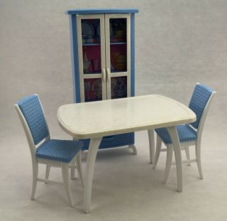 Vintage Barbie Dining Room Table And 2 Chairs With China Cabinet Mattel