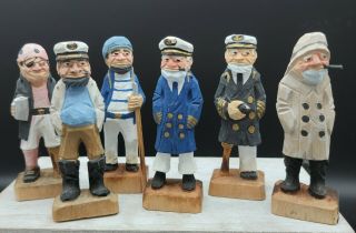 6 Vintage Hand Carved 4 " Wooden Figurines Nautical/fisherman/sea Captain/pirate