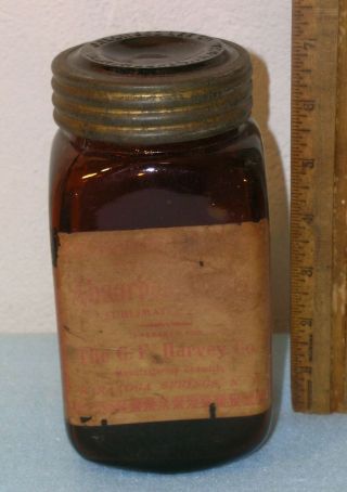 Antique J Ellwood Lee Amber Bottle W/ Sublimated Gauze For Gf Harvey Saratoga Ny