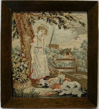 Small Mid/late 19th Century Needlepoint Of A Young Girl & Her Pet Dog - C.  1870