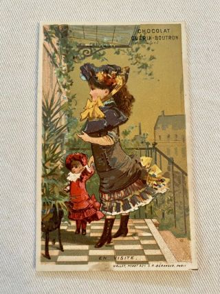 Antique Victorian Chocolate Paris Trade Card Girl With Bisque Doll Jumeau Bru