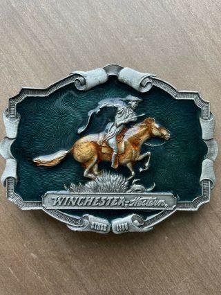 Winchester Western Horse & Rider Belt Buckle Since 1866 Pewter Green Brown Inlay