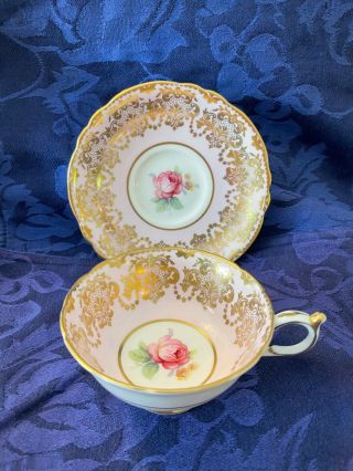 Vintage Paragon Tea Cup & Saucer Rose And Fruit Pale Green With Gold